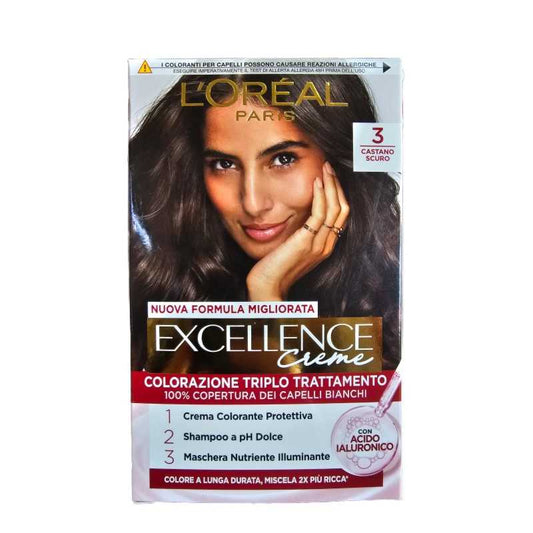 LOreal Paris Excellence Creme Triplo Trattamente con Acido Ialuronico Colore 3 Castano Scuro