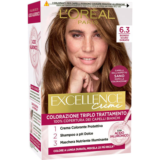 LOreal Paris Excellence Creme Triplo Trattamente con Acido Ialuronico Colore 6.3 Biondo Scuro Dorato